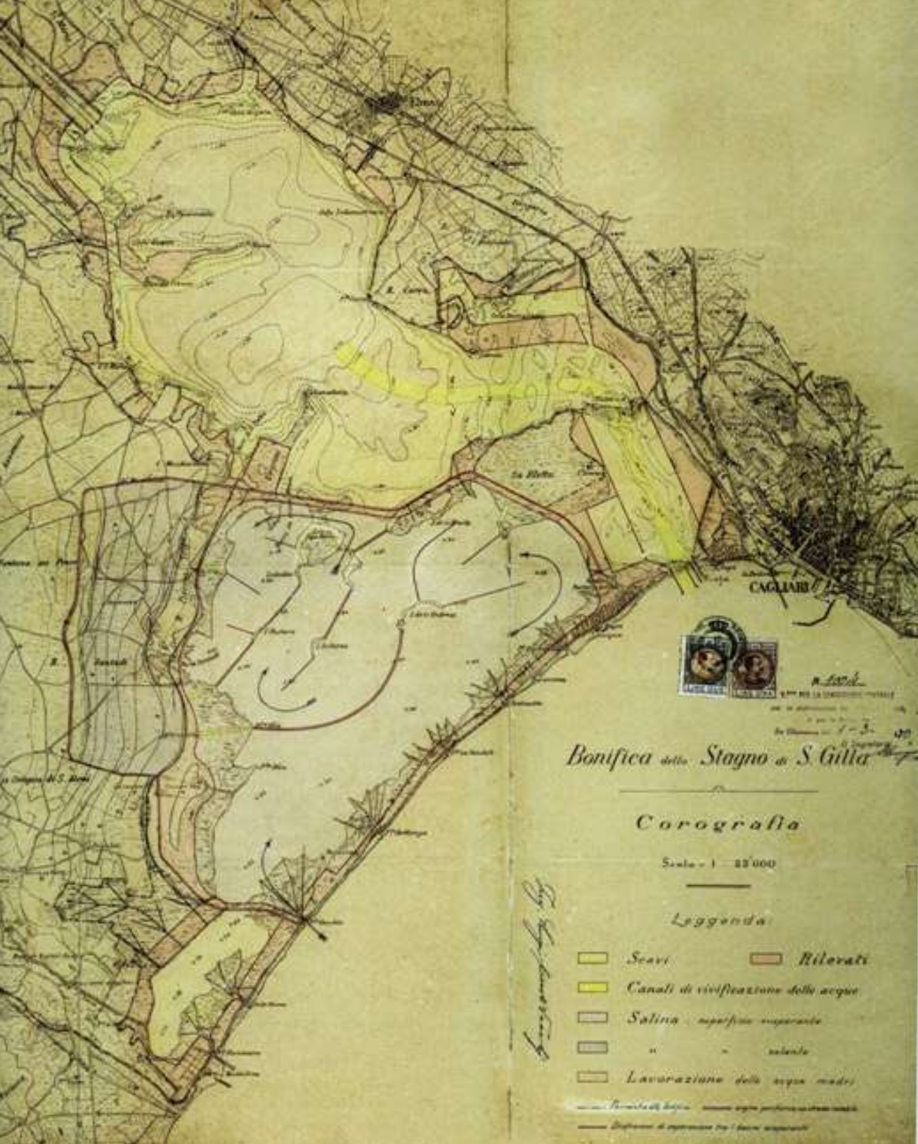 Bonifica dello Stagno di S. Gilla — historical reclamation map of the Santa Gilla lagoon